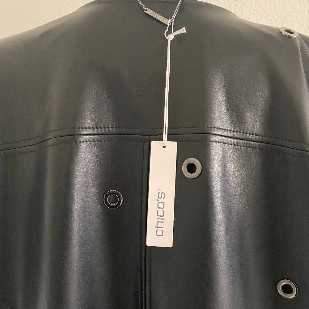 Chic Women's Black Faux Leather Trench Jacket w/Fossil Gray Metal Rings: Size XL - Picture 9 of 11
